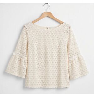 RSVP By Talbots Ivory Lace Textured Boatneck Blouse with Bell Sleeves Bow Detail